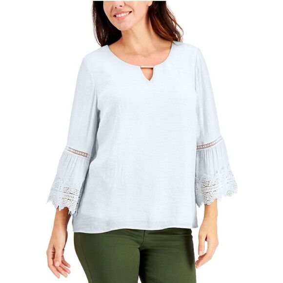 JM Collection Textured Bell-Sleeve Top Bright White S - Picture 1 of 3